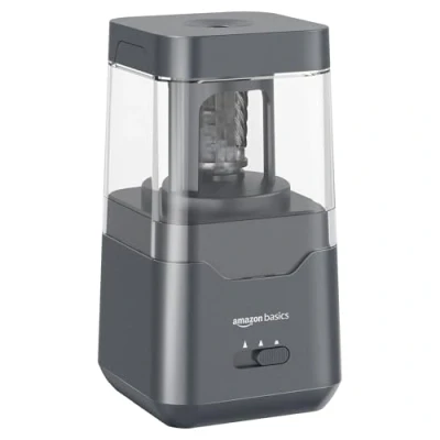 Image of Amazon Basics Portable Electric Pencil Sharpener, Helical Blade, Auto Stop, Battery/USB Cord Operated, Black, 7.1 x 13.46 cm