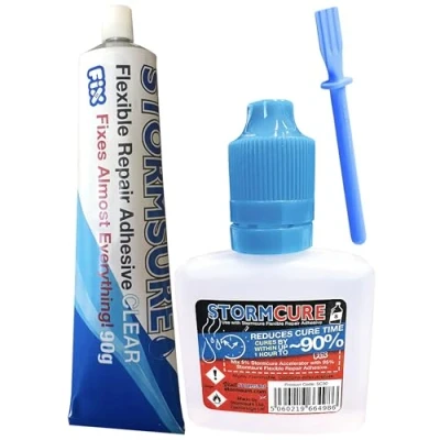 Image of Stormsure Flexible Repair Adhesive Kit 90g Clear + 30ml Stormcure Accelerator Spatula Quick and Reliable Repairs for Strong Results