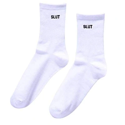 Image of Maijia 1Pair Novelty Funny Letter Print Cotton Socks FUCK OFF Crew Women Mens Tube Unisex White Sock (Slut)