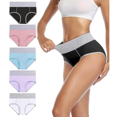 Image of wirarpa Underwear Women High Waist Cotton Knickers Ladies Panties Full Coverage Briefs Underpants Plus Size Multicolour 5 Pack 5XL