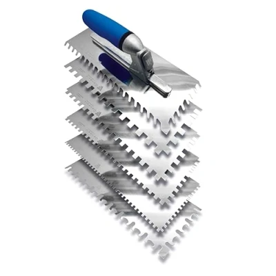 Image of Genesis 7 Piece Interchangeable Stainless Steel Trowel Set 4,6,8,10, 10 Round, and Tiger. Left/Right Hand