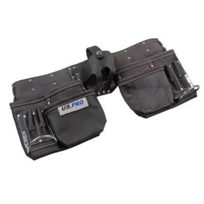 Image of US PRO Tools Heavy Duty Leather Double Tool Belt Oil Tanned 11 Pockets 2302