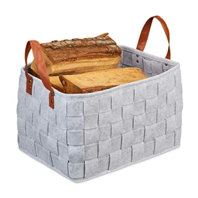 Image of Relaxdays Felt Storage, Foldable Firewood Bag, Basket with Faux Leather Handles, HWD: 26 x 40 30 cm, Light Grey