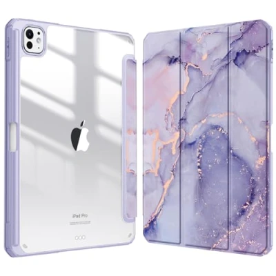 Image of FINTIE Hybrid Case Compatible with iPad Pro 11 inch (2024) M4, [Built in Pencil Holder] Shockproof Cover w/Clear Transparent Back Shell, Auto Wake/Sleep, Lilac Marble