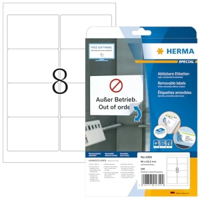 Image of HERMA Self Adhesive Removable Labels, 8 Labels per A4 Sheet, 25 Sheets, 96 x 63.5 mm, 200 Blank Multipurpose Stickers, Sticky for Laser &amp; Inkjet Printer, White