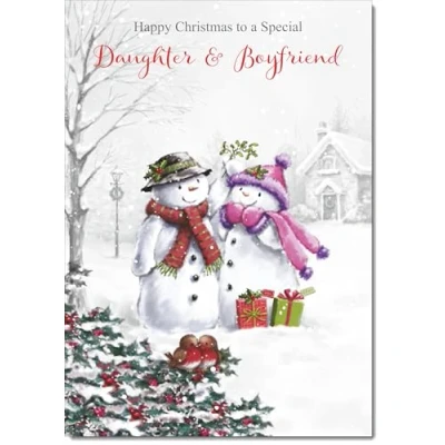 Image of doodlecards Daughter &amp; Boyfriend Christmas Card Two Snowmen Medium Size with Plain Red Envelope, 21 x 15cm