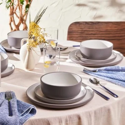 Image of Karaca Riley 18 Piece Ceramic Dinner Set for 6 People, x Plates (27cm) Dessert/Side Plate (21cm) Cereal/Soup Bowl (15.5cm), Grey