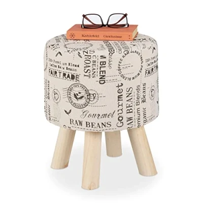 Image of Round Ottoman, Padded Stool for Living Room, Small Decorative Footrest, Wooden Legs, HxØ: 38x32 cm, Creme Relaxdays