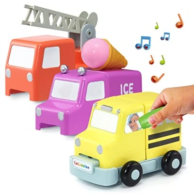 Image of WOW! STUFF CoComelon Toys Build and Reveal Musical Vehicles, School Bus Fire Engine Ice Cream Van, Sounds Songs with Mystery Surprise Reveal, for Toddlers, Girls Boys, Ages 2,3,4 5