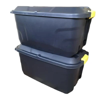 Image of 2 x 75L Heavy Duty Trunks on Wheels Sturdy, Lockable, Stackable and Nestable Design Storage Chest with Clips in Black