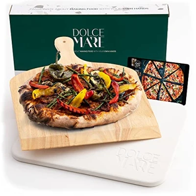 Image of DOLCE MARE Pizza Stone Black Made of high Quality Cordierite for The Oven &amp; Grill Baking Crispy just Like at Italian Restaurant Incl. Slider