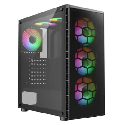Image of CiT Raider Black Mid Tower PC Gaming Case ATX with 2 x Tempered Glass Panels Front Panel 70% Tint &amp; Side 30% 6 Infinity 120mm ARGB Inner Ring Fans Port Hub Included