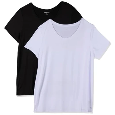 Image of Amazon Essentials Women&#039;s Tech Stretch Short Sleeved V Neck T Shirt (Available in Plus Sizes), Pack of 2, Black/White, M