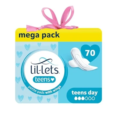 Image of Lil Lets Teens Day Pads X 70, Petite Towels For Girls &amp; Teenagers, With Wings, Light to Medium Flow, Unscented, Soft Breathable, First Period Sanitary Towels, 5 Packs of 14 Bulk Pack
