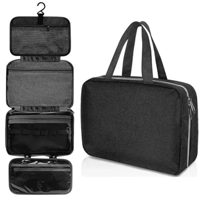 Image of ZiaWorld Travel Toiletry Bag with Hanging Hook, Waterproof Foldable Large Capacity Makeup Organizer, Women &amp; Men Toiletries for Full Sized Essential Accessories Cosmetics, Black