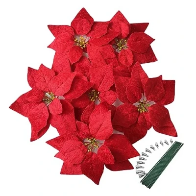 Image of M2cbridge Artificial Christmas Flowers Red Velvet Poinsettia Floral Picks for Wreath Tree Ornaments(12pcs Flannel)
