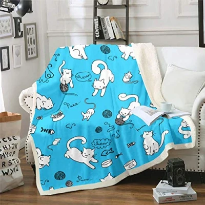 Image of Loussiesd Cute Cat Sherpa Blanket Pet Cats Pattern Fleece Cartoon Kitten Print Throw for Couch Bed Sofa Blue White Animal Theme Fuzzy Ultra Soft Room Decor Double 60&quot;x79&quot;