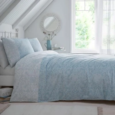 Image of Dreams &amp; Drapes Light Blue Paisley Duvet Cover Super King Bedding Size (260 x 220cm) Reversible Design Inspired Persian in Sky with Bohemian Floral Print