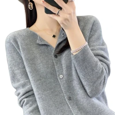 Image of TeysHa Women&#039;s Cashmere Cardigan Sweater,Wool Crew Neck Button Down Long Sleeve Sweater,Soft Warm Knit Elastic Jumpers (Light Gray,Medium)