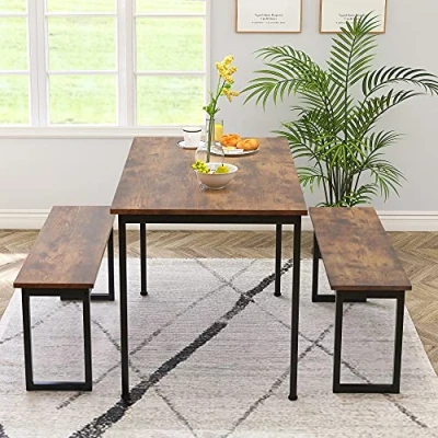 Image of Merax Dining table and Chairs Set Kitchen Furniture Solid &amp; Metal Legs (Brown, 1 square 2 bench)
