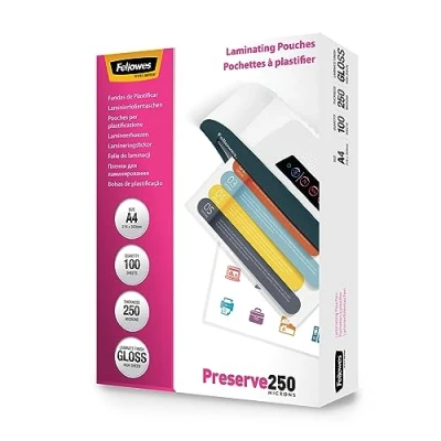 Image of Fellowes A4 Laminating Pouches Gloss Finish 100 Sheets 500 Micron (2 x 250 Micron) High Quality Ideal for Notices, Photos, Certificates, Menus and External Signage
