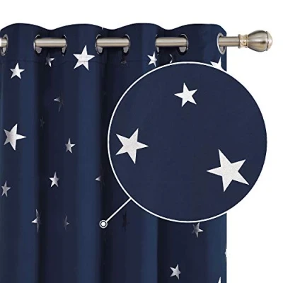 Image of Deconovo Super Soft Star Foil Printed Thermal Insulated Window Treatment Eyelet Blackout Curtains for Livingroom 66 x 54 Inch Navy Blue 2 Panels