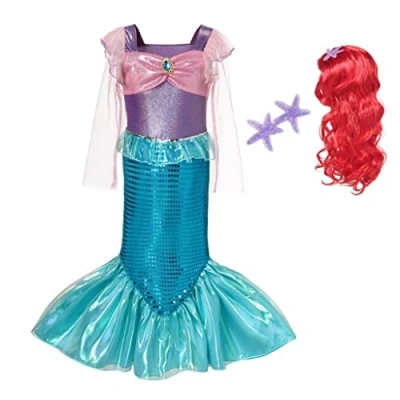 Image of Lito Angels Princess Ariel Little Mermaid Fancy Dress Up Costume with Hair Wig for Kids Girls Age 7 8 Years, Purple Blue (Tag Number 130)