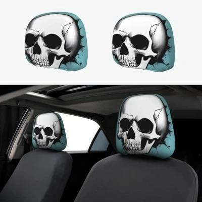 Image of Broleo Skull Head Prints Car Headrest Cover 2 Piece Set Interior Accessories Decoration Fit Cars Vans Trucks Universal Seat