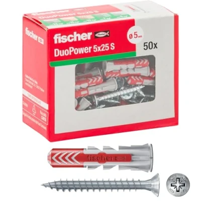 Image of Fischer 544015 5 Y Duopower Dowels with Screw for Full, Perforated and Plasterboard, Grey, x 25 mm, Set of 50 Pieces