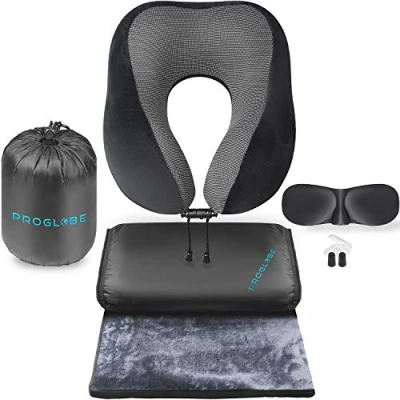 Image of Proglobe Travel Blanket Luxury Set, Ergonomic Airplane Neck Pillow 100% Memory Foam and Super Soft Fleece Blanket, Premium 3D Sleep Mask &amp; Earplugs, Black