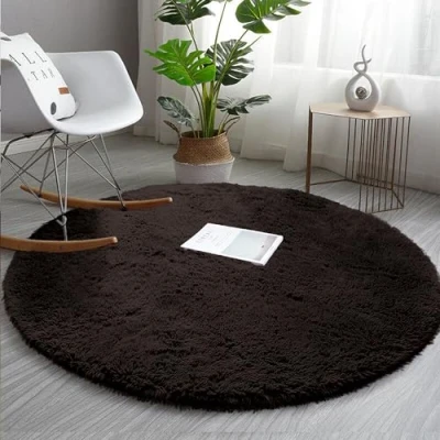 Image of AMEHA Round Rugs Living Room Fluffy Shaggy Brown Area for Bedroom 120x120cm Anti Slip Modern Super Soft Thick Pile Plush Carpet Non Shedding Easy To Clean Rug