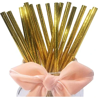 Image of YiYi Nature Daily Gold Foil Paper Straws, Metallic Shining Biodegradable Straws for Drinking, Party, Wedding, 7.75 Inch Pack of 100 (YY 417)
