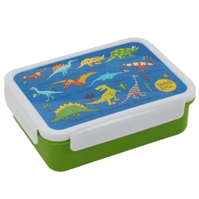 Image of Tyrrell Katz Kids Dinosaurs Printed Large Bento Lunch Box in Blue Children&#039;s Food Container with Clip Lock Lid and 3 Inner Dividers 18.5 x 14.5 6.0 cm