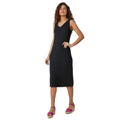 Image of Roman Textured Stretch Jersey Midi Dress for Women UK Ladies Spring Everyday Summer Break V Neckline Comfy Sleeveless Soft A Line Pull On Frock Vacation Gowns Black Size 18