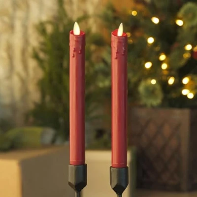 Image of Luminara Burgundy Set of 2 Wax Drip Flameless Candle Tapers (1 x 9.5 inch), Moving Flame LED Unscented Real with Dripped Top Timer Function, Table, Mantel, Holiday Decoration