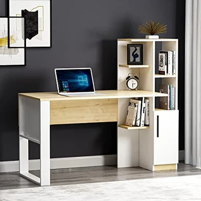 Image of HOMIDEA TODY Desk Computer &amp; Writing Work Station storage space with door and shelves in a modern design for home office or children&#039;s room (White/Oak)