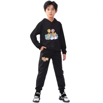 Image of LANKYBOX 2 Pieces Kids Cotton Hoodie and Joggers Set Piece Boys Girls Long Sleeve Top Foxy Boxy Jumper Hoody Sweatshirts (UK, Age, 6 Years, 7 Regular, Black)