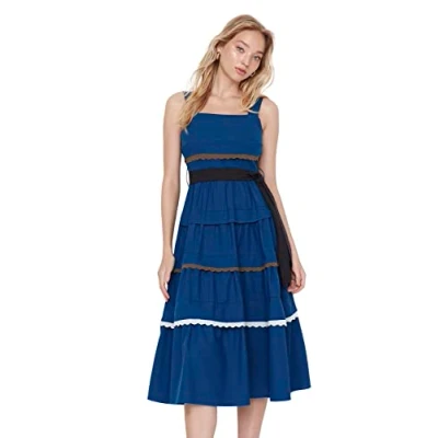 Image of Trendyol Women Midi Ruffle Hem Regular Woven Dress Navy Blue