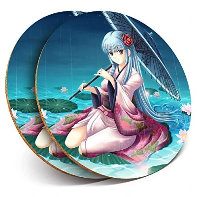 Image of Destination Vinyl ltd 2 x MDF Glossy Top Coasters Round Cartoon Anime Girl Japanese 2814