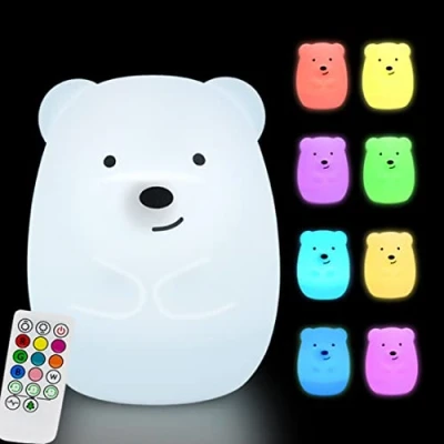 Image of Glinrui Large Bear Night Lights for Kids Silicone Light Bedside Table Lamps Bedroom Lighting Nursery Children&#039;s Bed Eye Caring, Adjustable Brightness &amp; Color, Time Setting