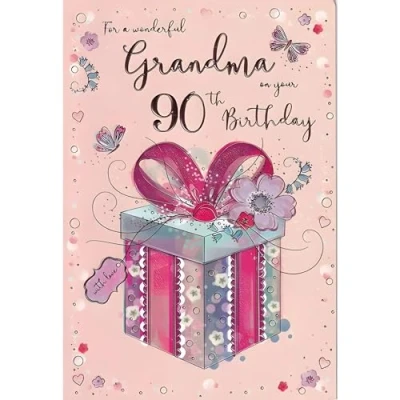 Image of Grandma 90th Birthday Card Age 90 Wonderful Butterflies and Flowers Special Finishes Illustrated Insert Leaf Made in the UK