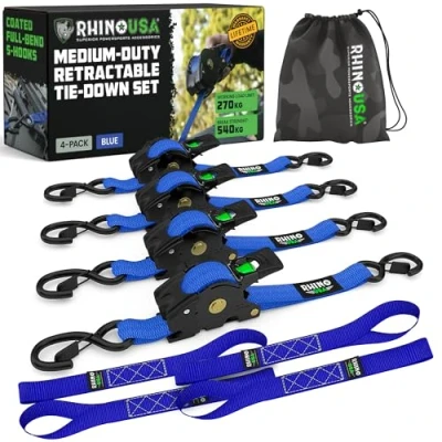 Image of Rhino USA Retractable Ratchet Tie Down Straps (4PK) 540kg Guaranteed Max Break Strength, Includes (4) Ultimate 2.5 cm x 3 m Autoretract Downs with Padded Handles Blue