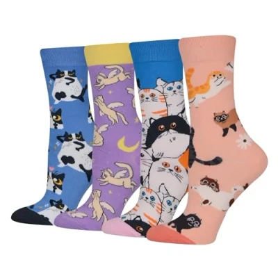 Image of Cansok Women Animal Flying Cat Socks Gifts Novelty Dress Crew (Happy 4 pairs)
