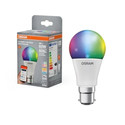 Image of OSRAM Smart+ RGBW, B22d LED lamp with Matter Over WiFi, Specially Designed for Alexa Easy Setup one Click, 60W Replacement, Warm White to Cool (2700 6500K), 16 Million RGB Colors, 1 Pack