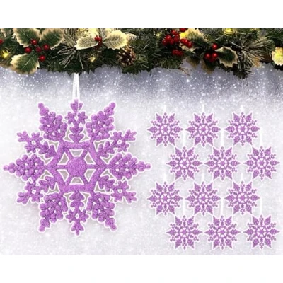 Image of 12pk Glitter Snowflake Hanging Decorations, Christmas Tree Baubles/Ornaments (Lilac)