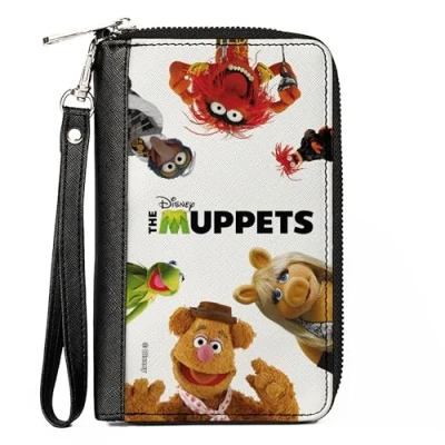 Image of Disney Wallet, Zip Around, The Muppets Title Logo Group Pose White Black, Vegan Leather, 7.5&quot;x4.5&quot;, Casual