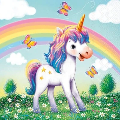 Image of 20 Children&#039;s Napkins Unicorn on Colourful Rainbow Table Decoration Paper with Motif Also for Decoupage and 33 x cm