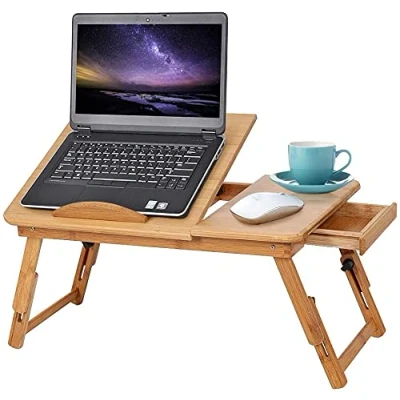 Image of Ejoyous Adjustable &amp; Foldable Bamboo Laptop Bed Table with 4 Tilt Angles Drawer and Ventilation Holes