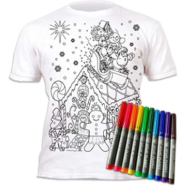 Image of Splat Planet Colour in Gingerbread Christmas, T Shirt with 10 Non Toxic Washable Magic Colouring Pens and Wash Out (7 8 Years) White