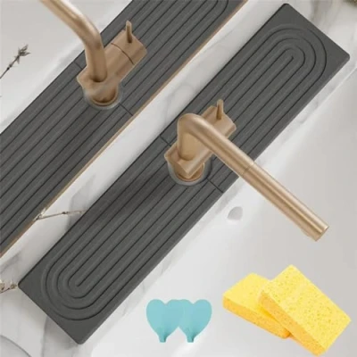 Image of Instant Drying Stone Sink, Faucet Mat for Kitchen Diatomite Sink Tray Quick Dry, Splash Guard, Absorbent Bathroom Counter (Dark Gray, 60 * 10 cm)